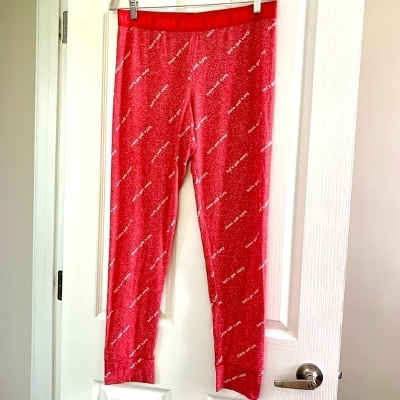 Red PINK Victoria’s Secret logo lounge pajama legging pants vs large valentines - Picture 1 of 4